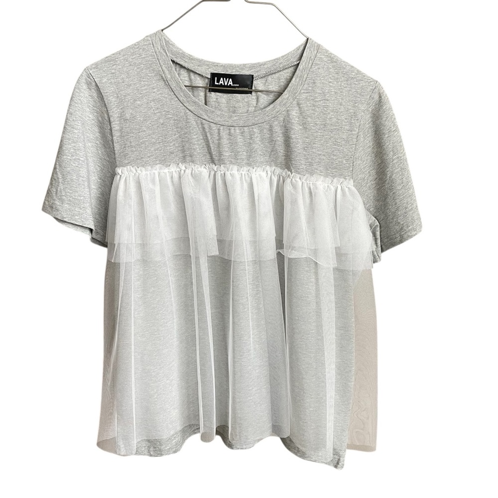 Korean LAVA Stone Women’s Gray T-Shirt Top with White Tulle Accent OS NWOT